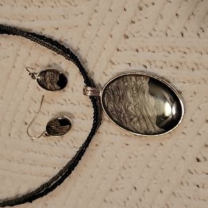 16" Black and Gray Marble Earring and Necklace Set